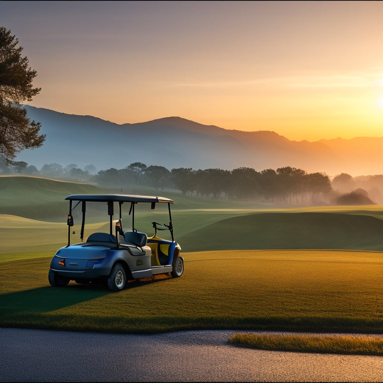 A serene golf course scene at dawn with a golf cart parked beside a tree, its battery charging from a sleek, modern inverter charger on the grass, with misty hills in the background.