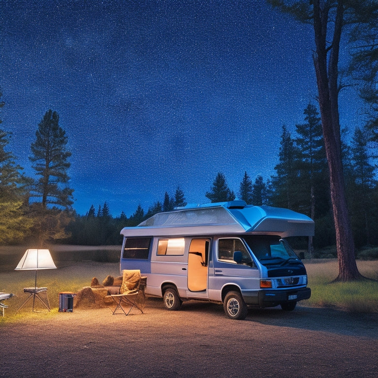 A serene camping scene at dusk: a parked camping van amidst trees, with a solar panel on the roof, a portable battery pack on the ground, and a laptop, coffee mug, and camping chair nearby, under a starry night sky.