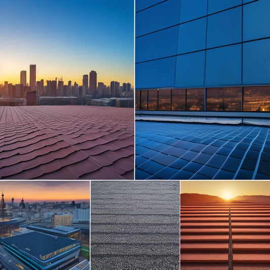 A split-screen image featuring 10 distinct roofing materials with varying textures, colors, and reflectivity levels, arranged on a gradient of sunlight intensities, with a cityscape silhouette in the background.