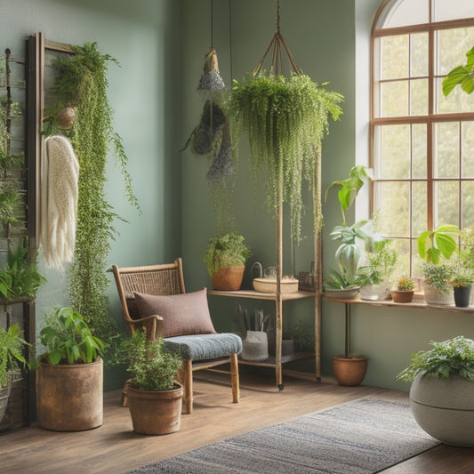 A serene, sunlit room with lush green walls featuring a mix of small potted plants, cascading vines, and a DIY trellis system, surrounded by natural stone and reclaimed wooden accents.
