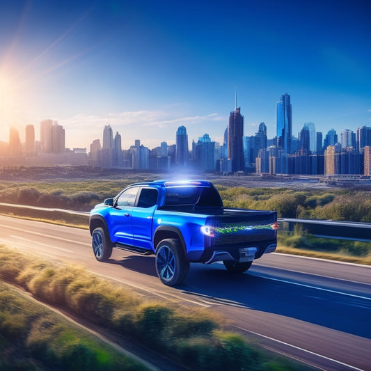 A futuristic, high-contrast illustration of a sleek, electric pickup truck speeding away from a cityscape, leaving a trail of growing plants and electric sparks in its wake, set against a bright blue sky.