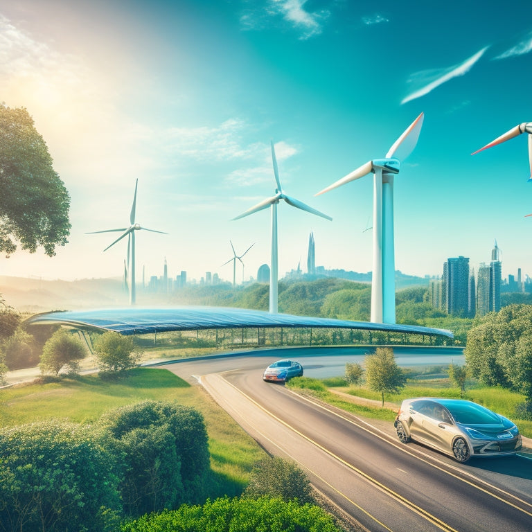 A futuristic cityscape with sleek, aerodynamic electric vehicles zipping by, amidst a backdrop of lush greenery, wind turbines, and solar panels, under a bright blue, pollution-free sky.