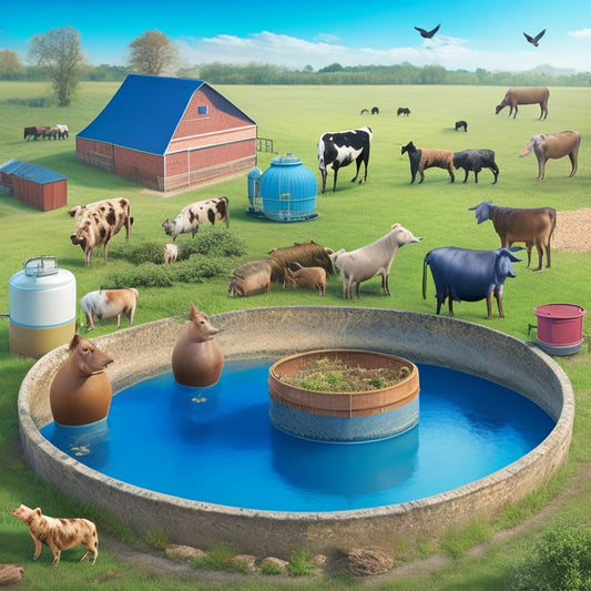 An illustration of a thriving farm with various animals (cows, pigs, chickens, horses) gathered around a central rainwater harvesting system, featuring a large tank, pipes, and rooftop collection points.
