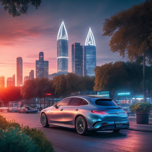 A futuristic cityscape at dusk, featuring a sleek, silver Mercedes-Benz electric vehicle parked in front of a modern, glowing charging station, surrounded by neon city lights and lush greenery.