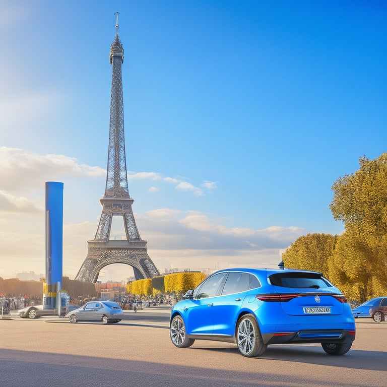 A stylized illustration of the Eiffel Tower with electric vehicle charging stations and sleek, modern EVs in the foreground, set against a bright blue sky with subtle French flag colors.