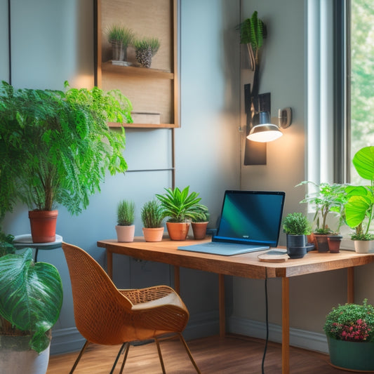 A serene home office with a minimalist desk, a laptop, and a few potted plants, surrounded by natural light, with neatly organized, colorful, and eco-friendly cables and adapters.