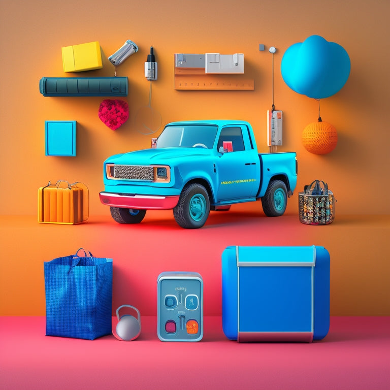 A stylized illustration of a pickup truck with electric plug incorporated into the design, surrounded by icons of online shopping bags, batteries, and charging stations on a subtle gradient background.