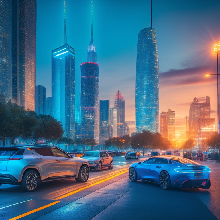 A futuristic cityscape at dusk with sleek skyscrapers and bustling streets, featuring multiple electric vehicles charging at modern, gleaming charging stations with neon accents and subtle LED lights.