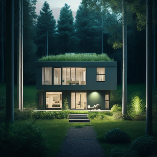 A minimalist illustration featuring a modern, eco-friendly home surrounded by lush greenery, with a subtle grid of calculations and energy efficiency metrics in the background, overlaid with a faint green glow.