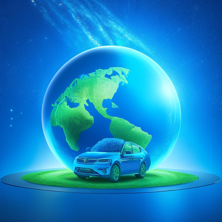 A stylized globe with electric vehicles of various shapes and sizes orbiting around it, connected by sparkling blue lines, surrounded by a halo of bright green light, symbolizing a sustainable future.