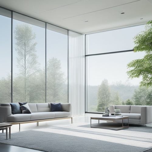 A modern, sleek, and minimalist living room with floor-to-ceiling windows, automated shades retracting to reveal a sunny outdoor view, and a subtle, futuristic control panel on the wall.