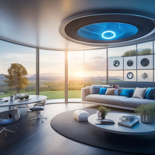 A futuristic smart home interior with floor-to-ceiling windows, solar panels on the roof, and an AI-powered assistant's circular interface hovering above a sleek console, surrounded by energy usage graphs and real-time data visualizations.