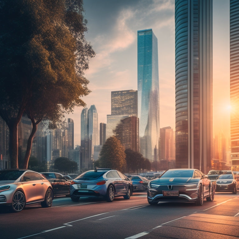 A futuristic cityscape at dusk with sleek, electric vehicles of various models and brands parked along a bustling street, amidst modern skyscrapers and lush greenery, with a subtle glow of charging stations.