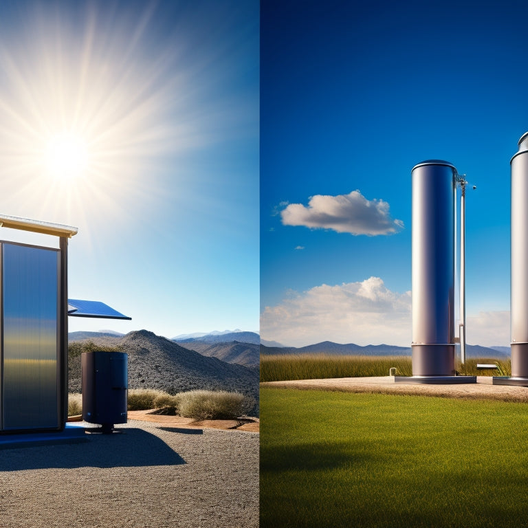 A split-screen image featuring 5-7 sleek, modern residential solar water heaters against a bright blue sky, with sunbeams and water droplets surrounding each unit.