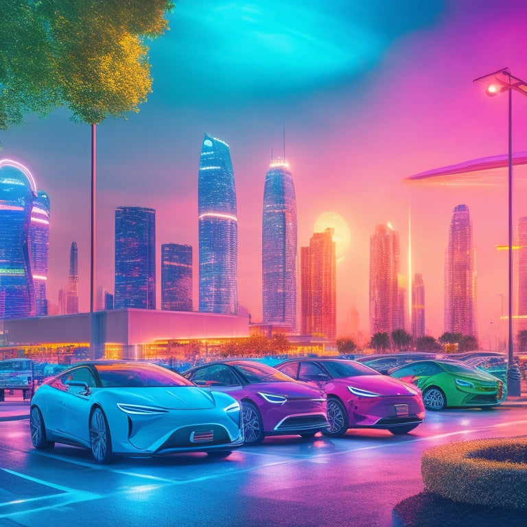 An illustration depicting a futuristic cityscape with sleek, electric vehicles lined up at a charging station, surrounded by sleek, modern architecture and vibrant, glowing charging lines.