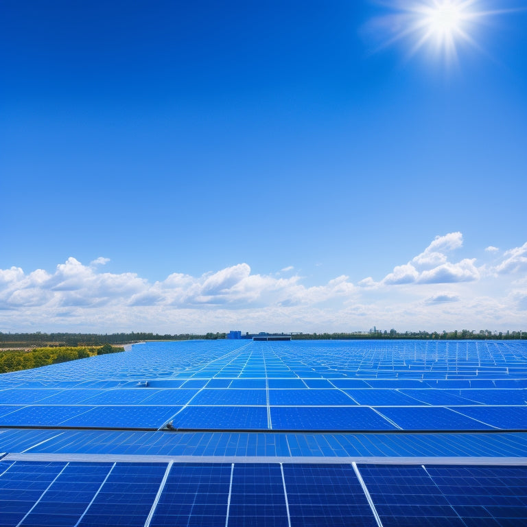 A bright blue sky with fluffy white clouds, a modern commercial building in the background, and a large solar panel array installed on its rooftop, with various panels at different angles.