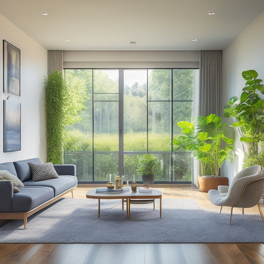 A serene, modern living room with a sleek, energy-efficient thermostat on the wall, surrounded by lush green plants and a large window with a view of a solar panel roof.