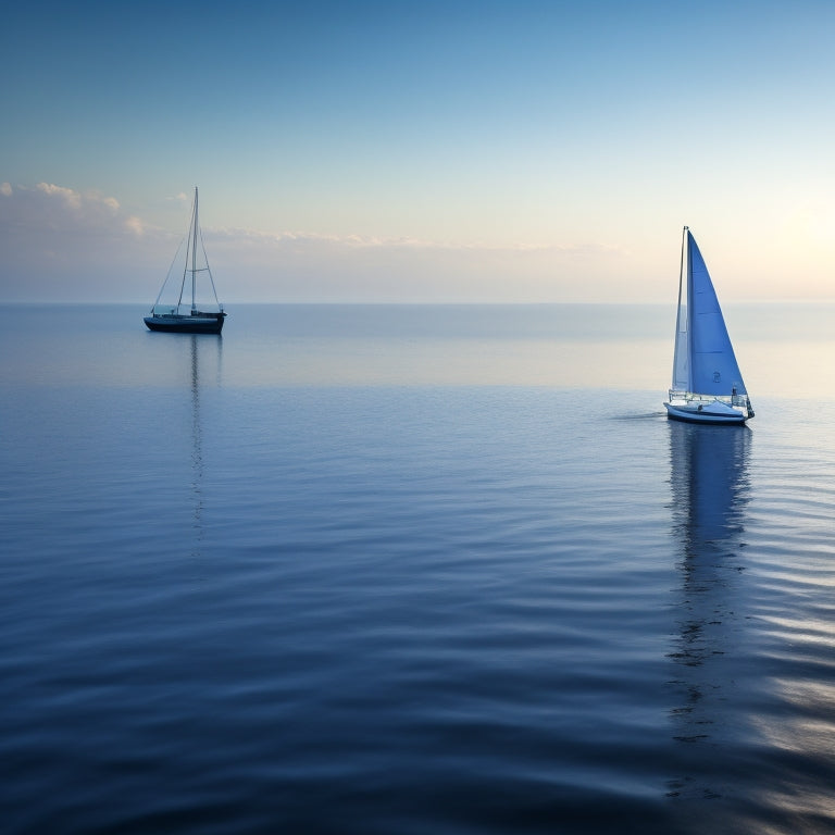 A serene oceanic scene featuring a sailboat in the distance, with a subtle electric circuit pattern subtly overlaid on the calm waves, and a faint outline of a modern inverter device in the foreground.