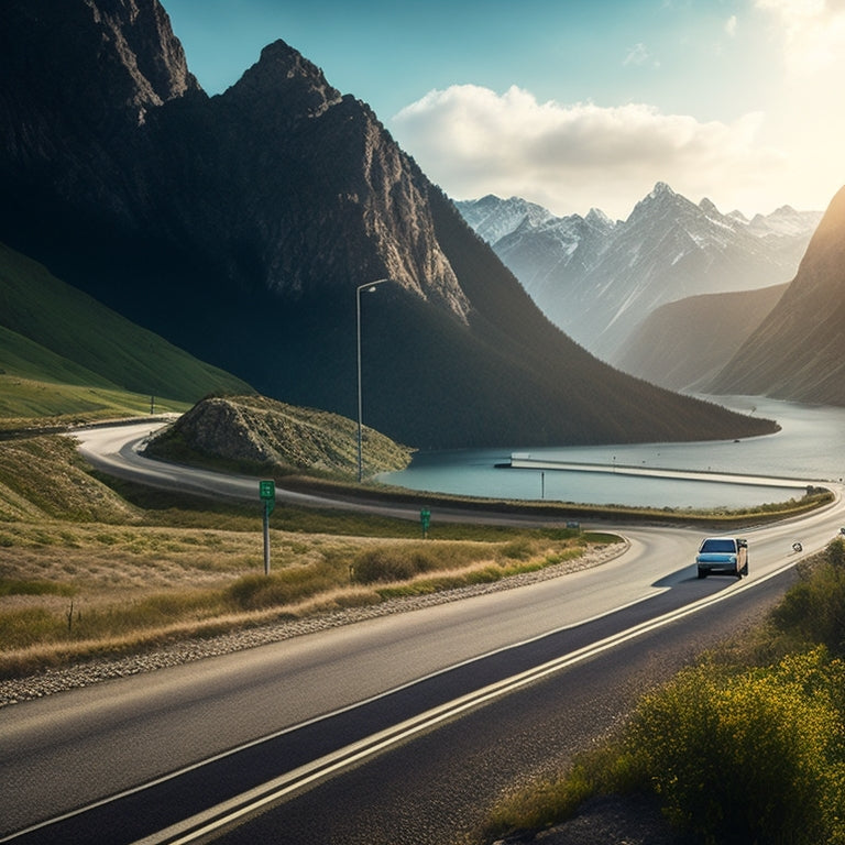 A scenic highway unwinds through a mountainous landscape, an electric vehicle in the distance, with a series of charging stations and price tags scattered along the roadside.