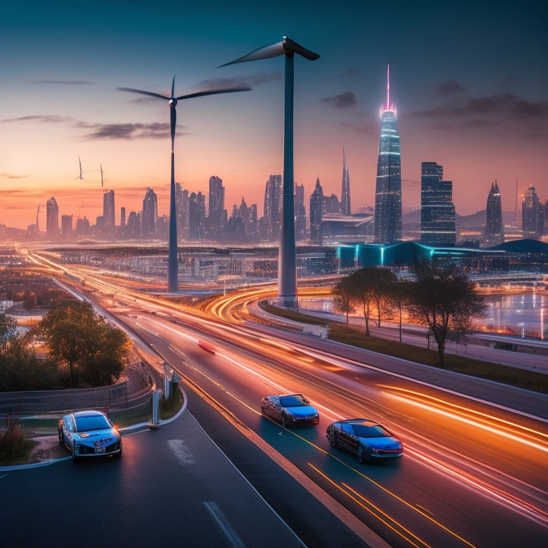 A futuristic cityscape at dusk with sleek, silver electric cars speeding by, their LED headlights illuminating a road lined with neon-lit skyscrapers and wind turbines in the distance.