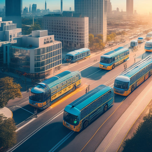 An illustration of a cityscape with a fleet of buses in the foreground, each with unique rooftop installations and antennas, surrounded by subtle hints of wiring and circuitry.