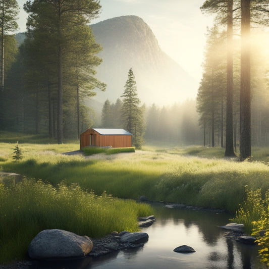 A serene landscape with a small, sustainable cabin in the background, surrounded by lush greenery, with a subtle steam vent rising from the ground, and a few solar panels discreetly integrated into the scenery.