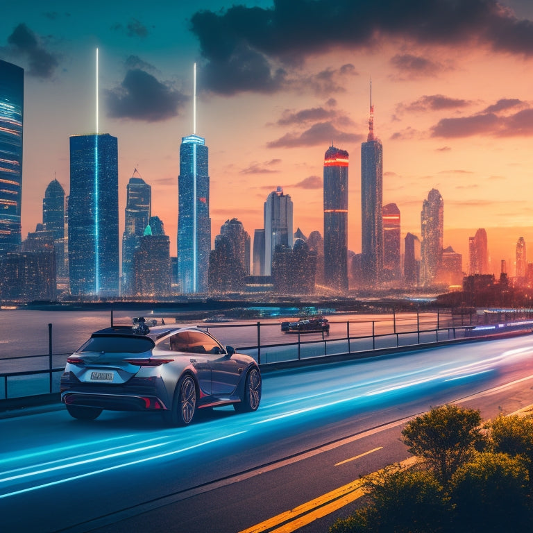 A futuristic cityscape at dusk with sleek, electric vehicles zooming by, surrounded by towering skyscrapers with neon lights, and a massive, glowing EV Expo logo in the center.