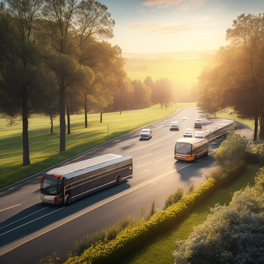 A serene, sun-lit landscape with a fleet of electric vehicles, buses, and trucks, surrounded by lush greenery, with solar panels installed on rooftops and a subtle, glowing aura around the vehicles.