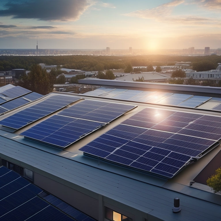 A photorealistic illustration of a commercial building rooftop with a mix of solar panels and traditional roofing, with a subtle grid pattern in the background, and a faint cityscape in the distance.