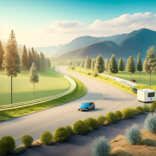 An illustration of a calm, serene landscape with a winding road disappearing into the horizon, flanked by a fleet of electric vehicles in various colors, with charging stations and greenery along the way.