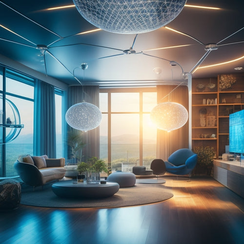 A futuristic smart home interior with a large, transparent, glowing orb representing the blockchain, surrounded by interconnected devices and meters, amidst a subtle grid of circuits and wires.