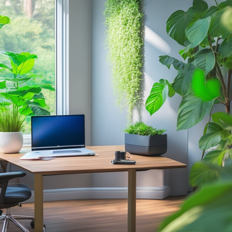 A serene, eco-friendly office space with a few minimalist desks, surrounded by lush green plants, featuring a sleek, compact external hard drive with a leafy vine wrapped around it.