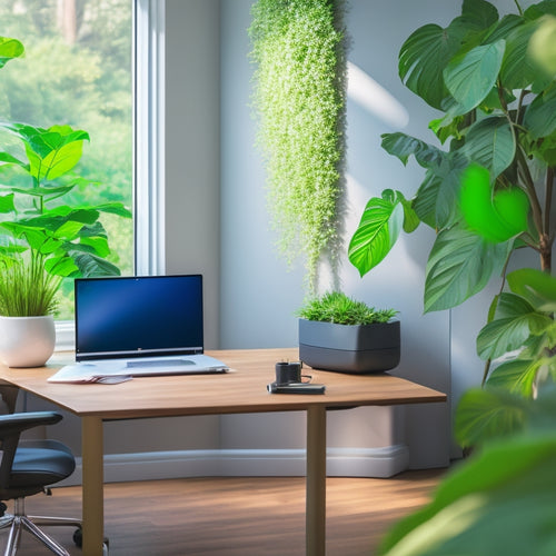 A serene, eco-friendly office space with a few minimalist desks, surrounded by lush green plants, featuring a sleek, compact external hard drive with a leafy vine wrapped around it.