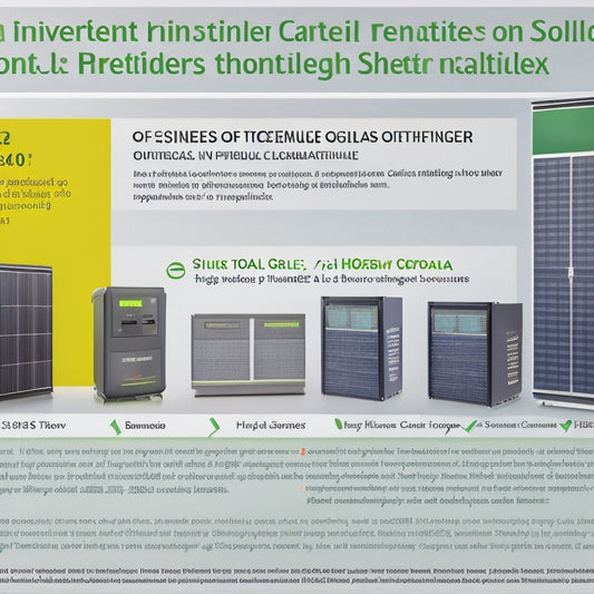 An infographic featuring a split-screen comparison of top solar inverter brands, with efficiency ratings represented by varying shades of green, surrounded by solar panels and a subtle grid pattern.