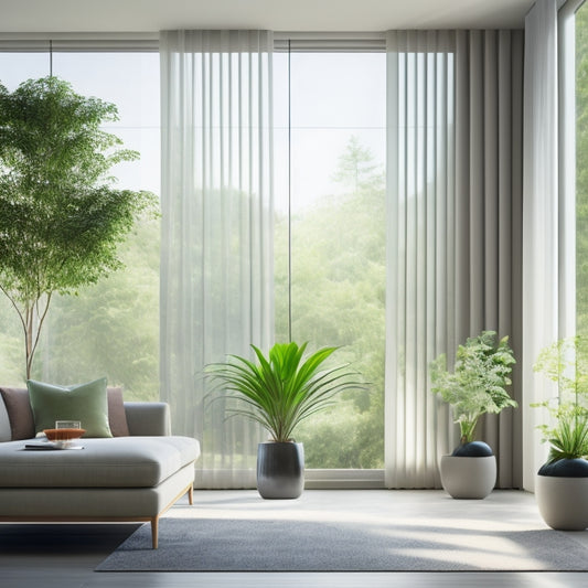 A serene, modern living room with automated window treatments, surrounded by lush greenery, featuring a minimalist aesthetic, with a subtle gradient of natural light filtering through the windows, and a faint outline of a cityscape outside.