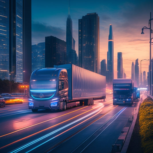 A futuristic cityscape at dusk with sleek, electric trucks of various shapes and sizes zooming past, amidst neon-lit skyscrapers, with charging stations and robotic arms in the foreground.