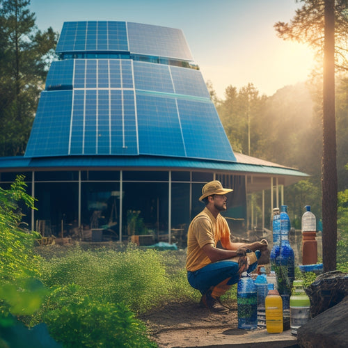 A modern, eco-friendly building under construction, with a worker in the foreground holding a reusable water bottle and standing in front of a pile of recycled materials, surrounded by solar panels and lush greenery.