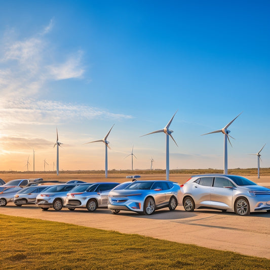 A futuristic, sun-kissed landscape with sleek, silver Chevrolet electric vehicles parked in a row, surrounded by wind turbines and solar panels, under a bright blue Texas sky.