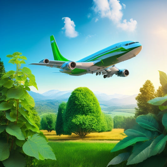 A stylized illustration of a green airplane taking off, surrounded by bright greenery and vines, with electric plugs and leaves integrated into the aircraft's design, set against a bright blue sky.