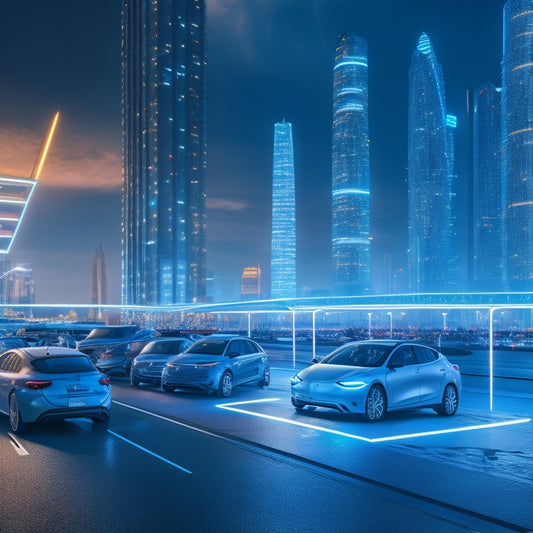A futuristic cityscape with sleek, silver electric vehicles parked in a row, their charging stations glowing with soft blue lights, amidst a network of interconnected lines and nodes, symbolizing efficient energy flow.