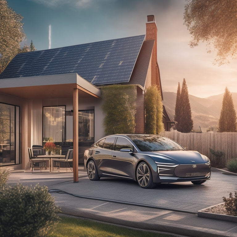 An illustration of a modern, sleek electric vehicle parked in a driveway, surrounded by a backdrop of rooftops covered in solar panels, with electrical wires and charging cables connecting the two.