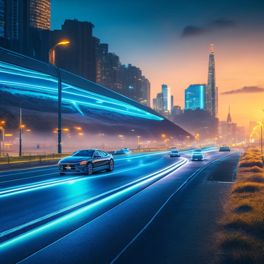 A futuristic cityscape at dusk with sleek, electric vehicles parked on roads and highways, their batteries glowing with a soft blue light as they wirelessly charge from embedded coils in the pavement.
