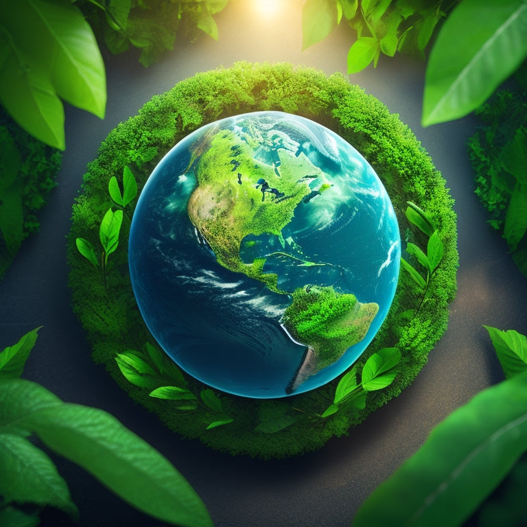 A stylized illustration of the Earth from space, with a subtle Honda logo embedded in the center, surrounded by swirling green leaves and vines, symbolizing eco-friendliness and sustainability.