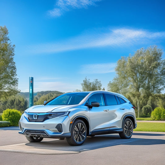 A futuristic, sleek Honda electric SUV parked in front of a modern, minimalist charging station with a gleaming white and silver design, surrounded by lush greenery and a bright blue sky.