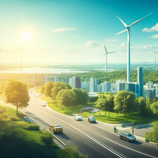 An illustration of a cityscape with a mix of electric and hybrid vehicles, solar panels, and wind turbines, blending seamlessly into a serene natural landscape with green trees and a bright blue sky.