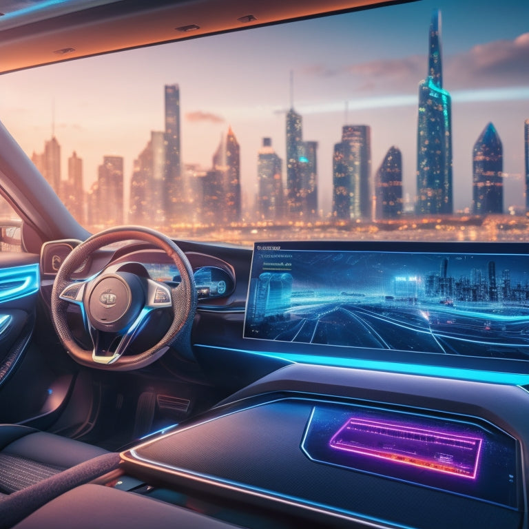 A futuristic dashboard with a steering wheel, GPS, and a holographic display showing a cityscape with charging stations and electric vehicles, surrounded by circuit boards and wires.