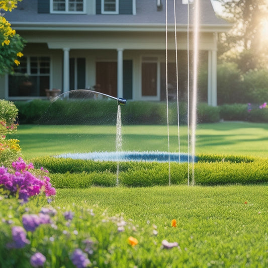 A serene, sunny backyard with lush green grass and vibrant flowers, featuring a subtle, modern sprinkler system with droplet-shaped sprinkler heads and slim, curved pipes.