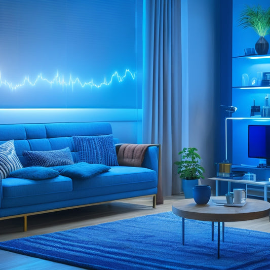 An illustration of a modern living room with a lamp, TV, and coffee maker plugged into smart plugs, surrounded by subtle energy usage graphs and charts in the background, with glowing blue lines connecting devices.