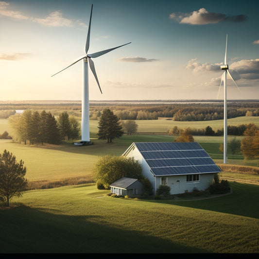 A serene suburban landscape with a single residential wind turbine spinning in the foreground, surrounded by a subtle grid of digital lines and nodes, hinting at data tracking and analysis.