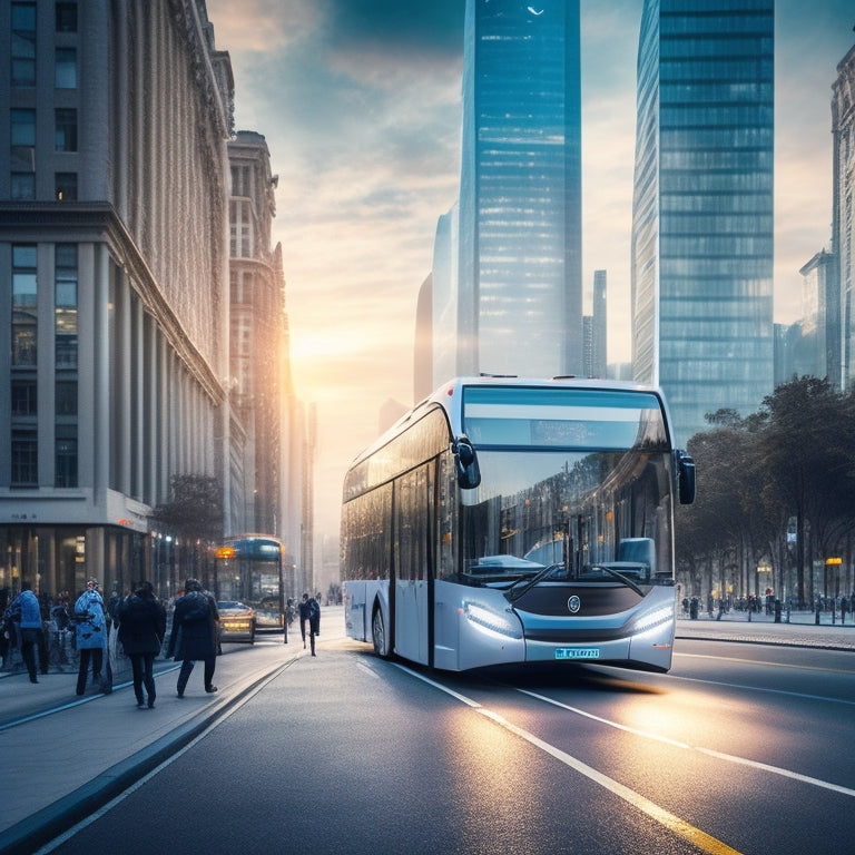 A futuristic cityscape at dusk with a sleek, silver MAN Lion's City E bus driving down a bustling street, surrounded by modern skyscrapers and pedestrians, with a blurred background.